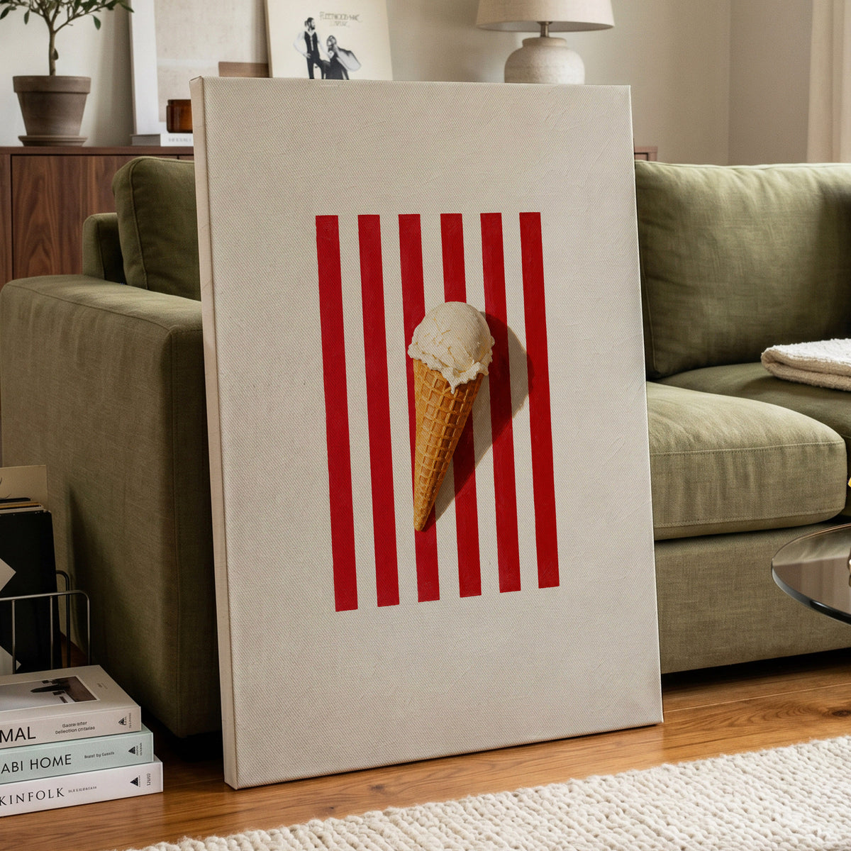 Vanilla Parade, white, red, beige minimalist wall art displayed in a styled interior, gallery view 7