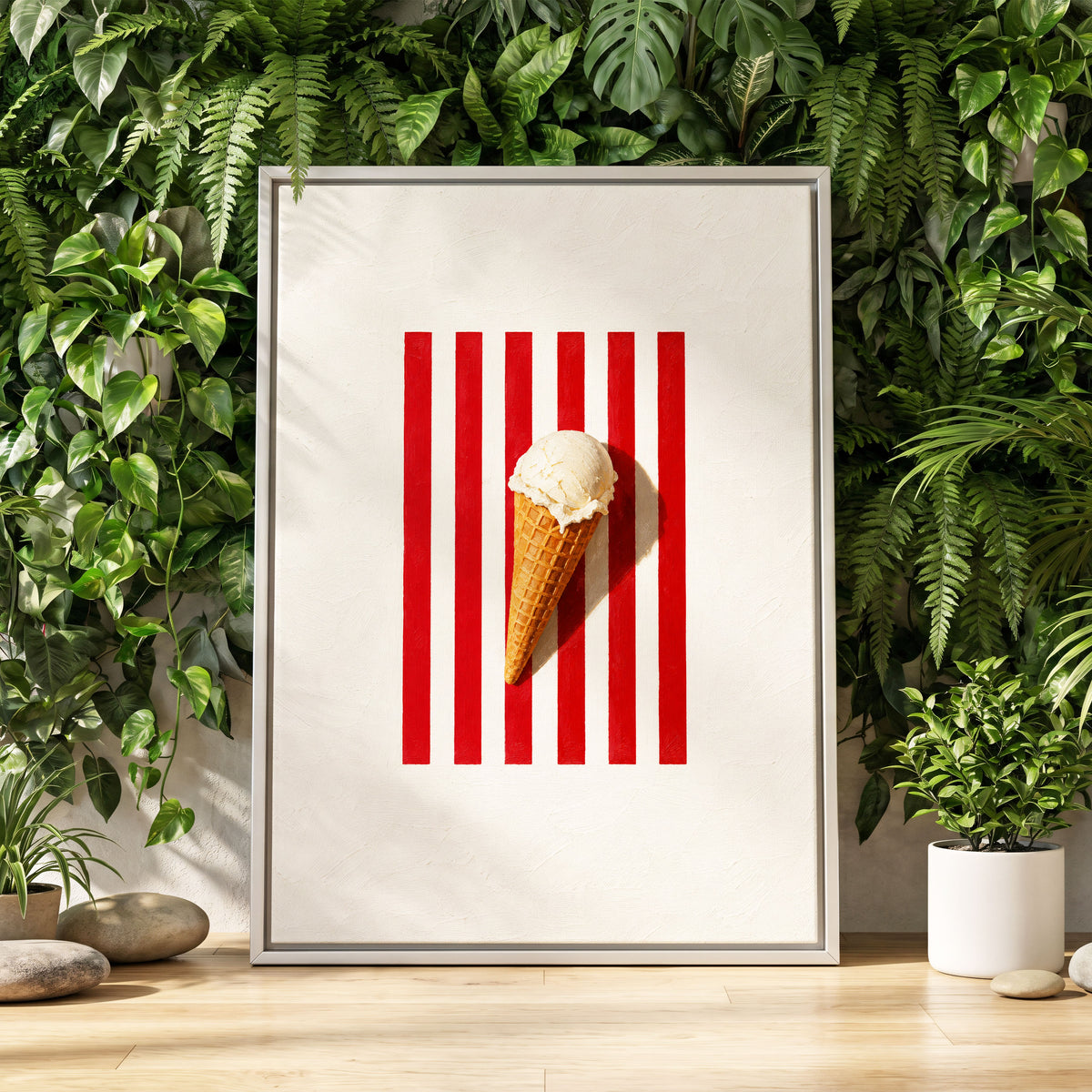 Vanilla Parade, white, red, beige minimalist wall art displayed in a styled interior, gallery view 8