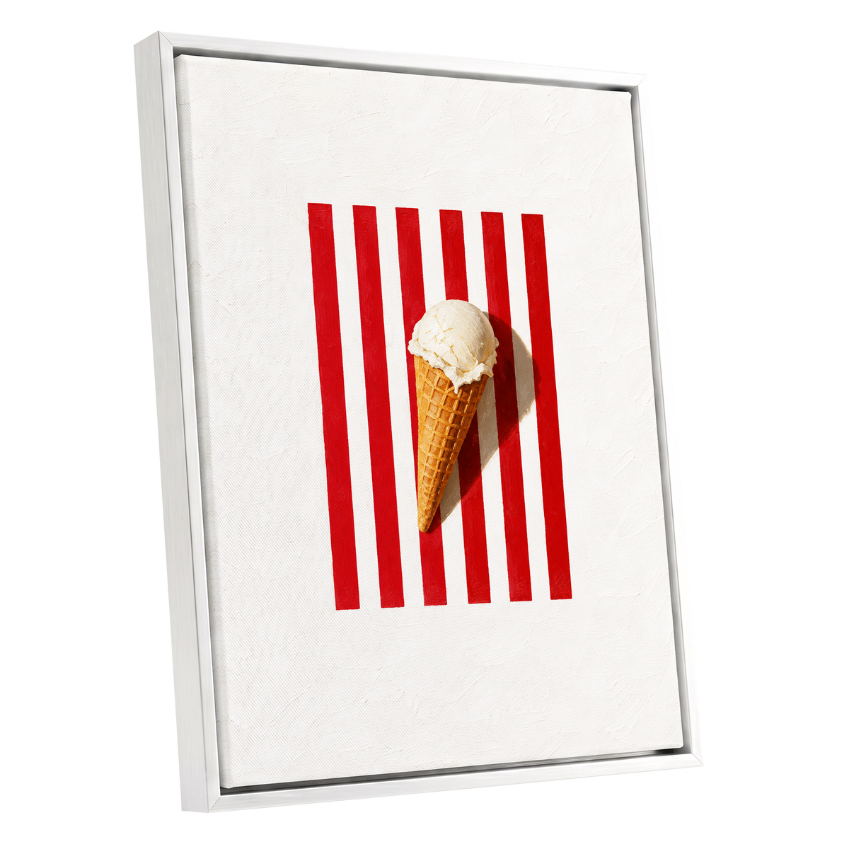 Vanilla Parade, white, red, beige minimalist wall art shown as a white framed canvas wall art