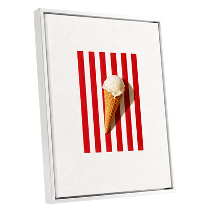 Vanilla Parade, white, red, beige minimalist wall art shown as a white framed canvas wall art