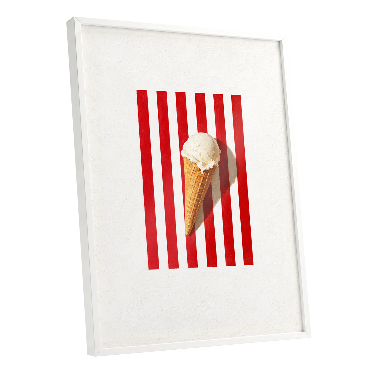 Vanilla Parade, white, red, beige minimalist wall art shown as a white framed poster wall art print