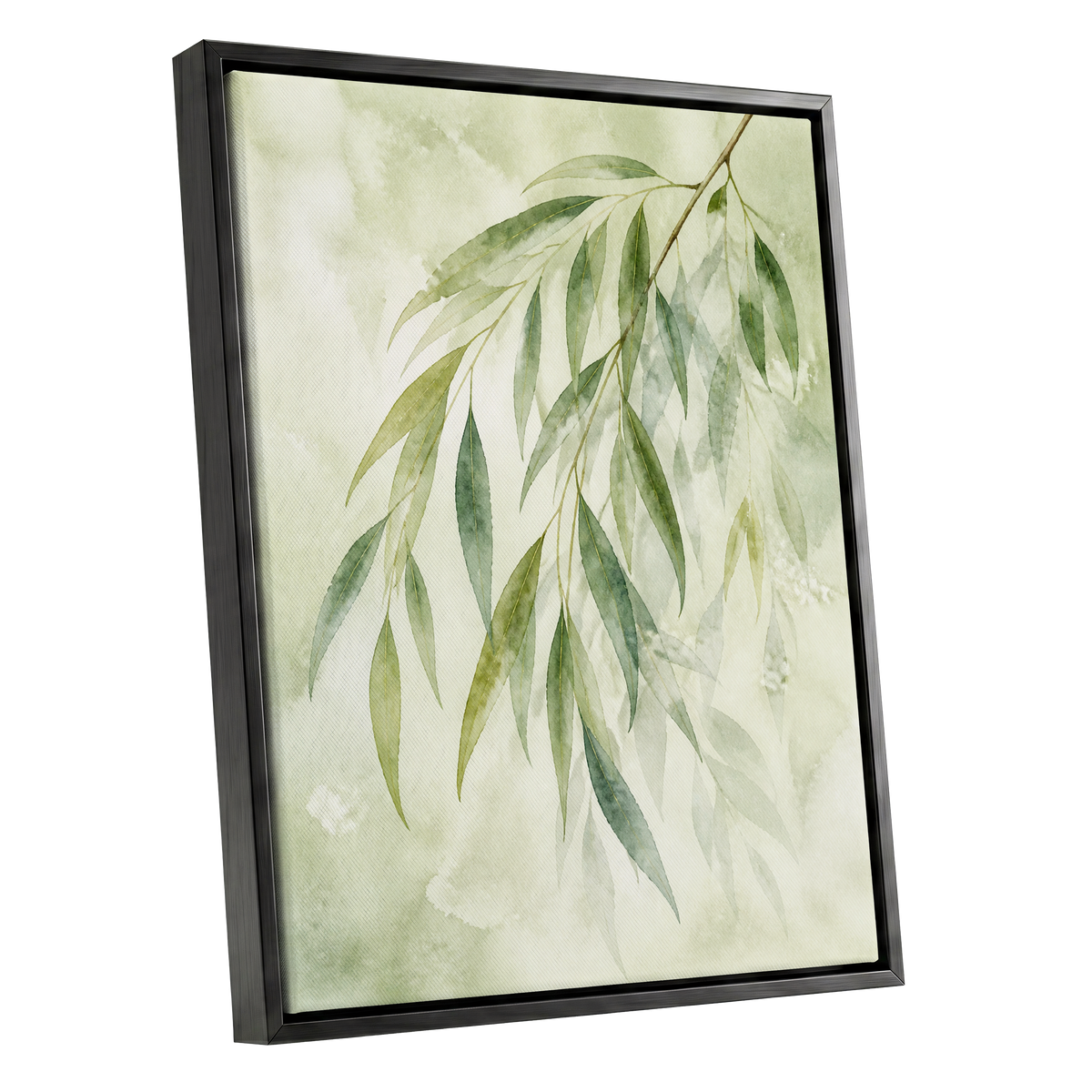 Veil of Leaves, green, beige, white nature wall art shown as a black framed canvas wall art