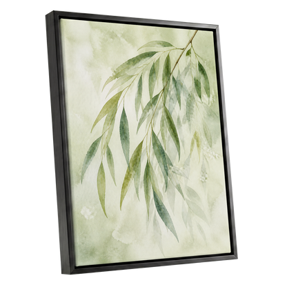 Veil of Leaves, green, beige, white nature wall art shown as a black framed canvas wall art