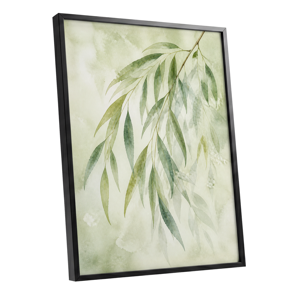 Veil of Leaves, green, beige, white nature wall art shown as a black framed poster wall art print