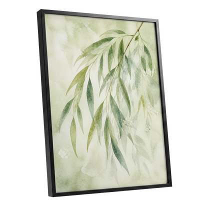 Veil of Leaves, green, beige, white nature wall art shown as a black framed poster wall art print
