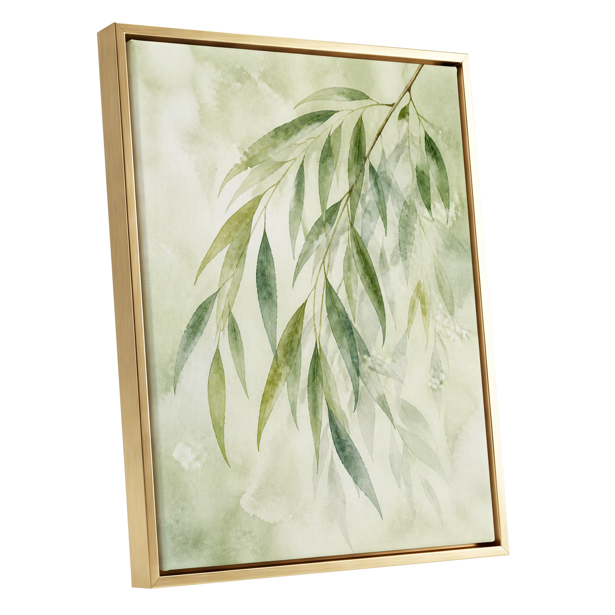 Veil of Leaves, green, beige, white nature wall art shown as a gold framed canvas wall art