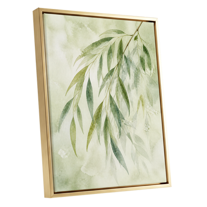 Veil of Leaves, green, beige, white nature wall art shown as a gold framed canvas wall art