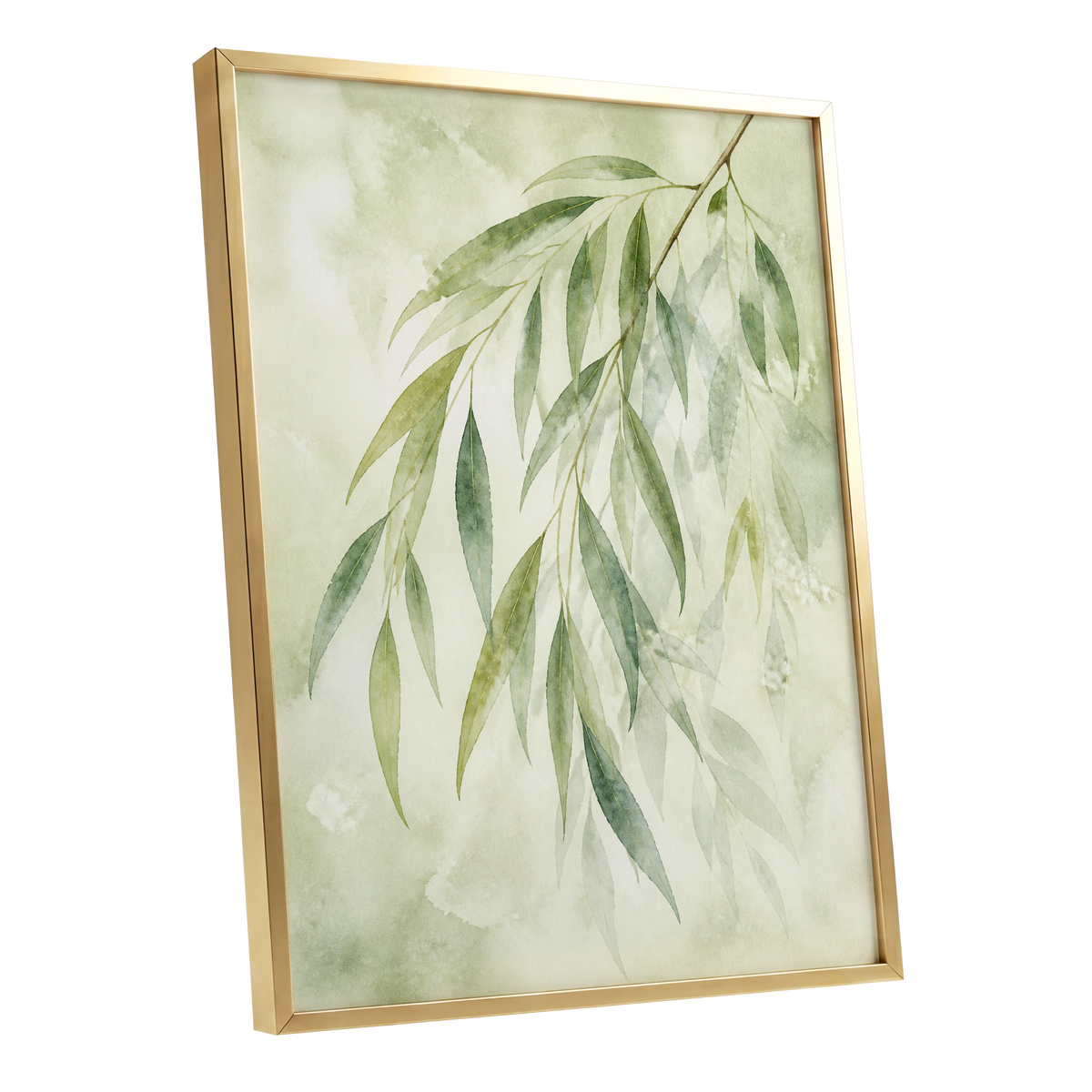 Veil of Leaves, green, beige, white nature wall art shown as a gold framed poster wall art print