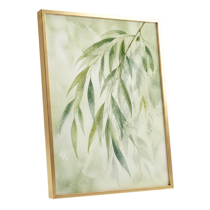 Veil of Leaves, green, beige, white nature wall art shown as a gold framed poster wall art print