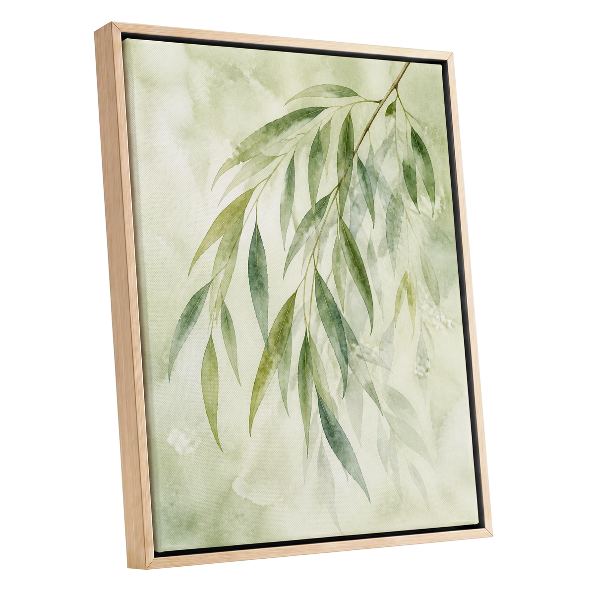 Veil of Leaves, green, beige, white nature wall art shown as a oak framed canvas wall art