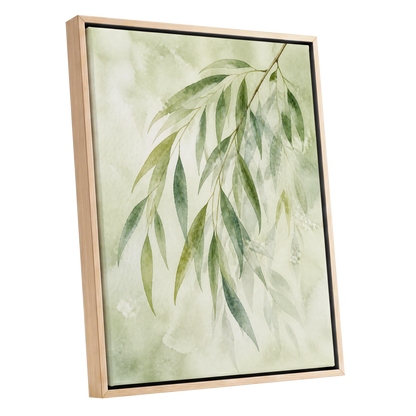 Veil of Leaves, green, beige, white nature wall art shown as a oak framed canvas wall art