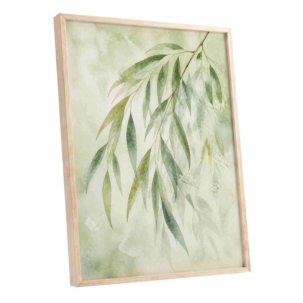 Veil of Leaves, green, beige, white nature wall art shown as a oak framed poster wall art print