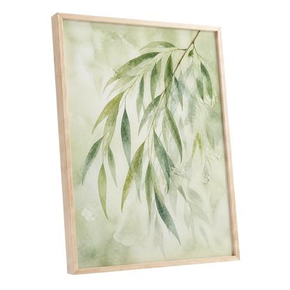 Veil of Leaves, green, beige, white nature wall art shown as a oak framed poster wall art print