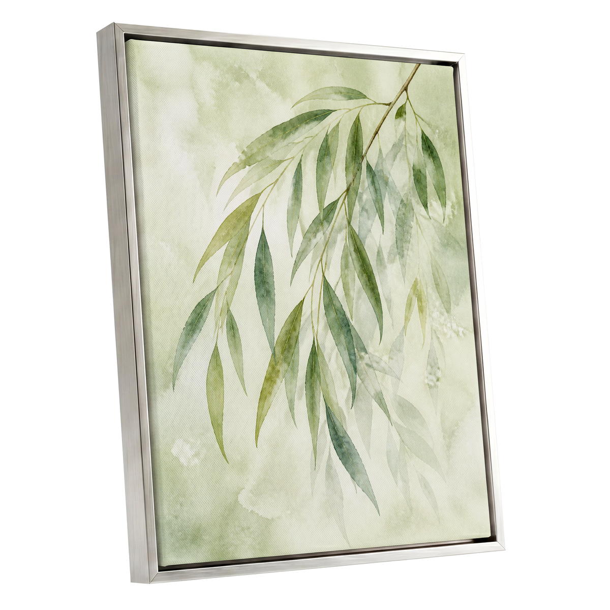 Veil of Leaves, green, beige, white nature wall art shown as a silver framed canvas wall art