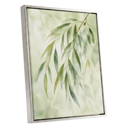Veil of Leaves, green, beige, white nature wall art shown as a silver framed canvas wall art