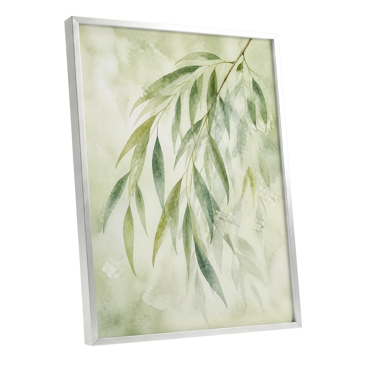 Veil of Leaves, green, beige, white nature wall art shown as a silver framed poster wall art print