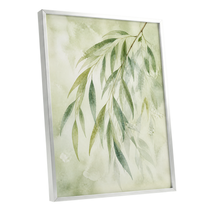 Veil of Leaves, green, beige, white nature wall art shown as a silver framed poster wall art print