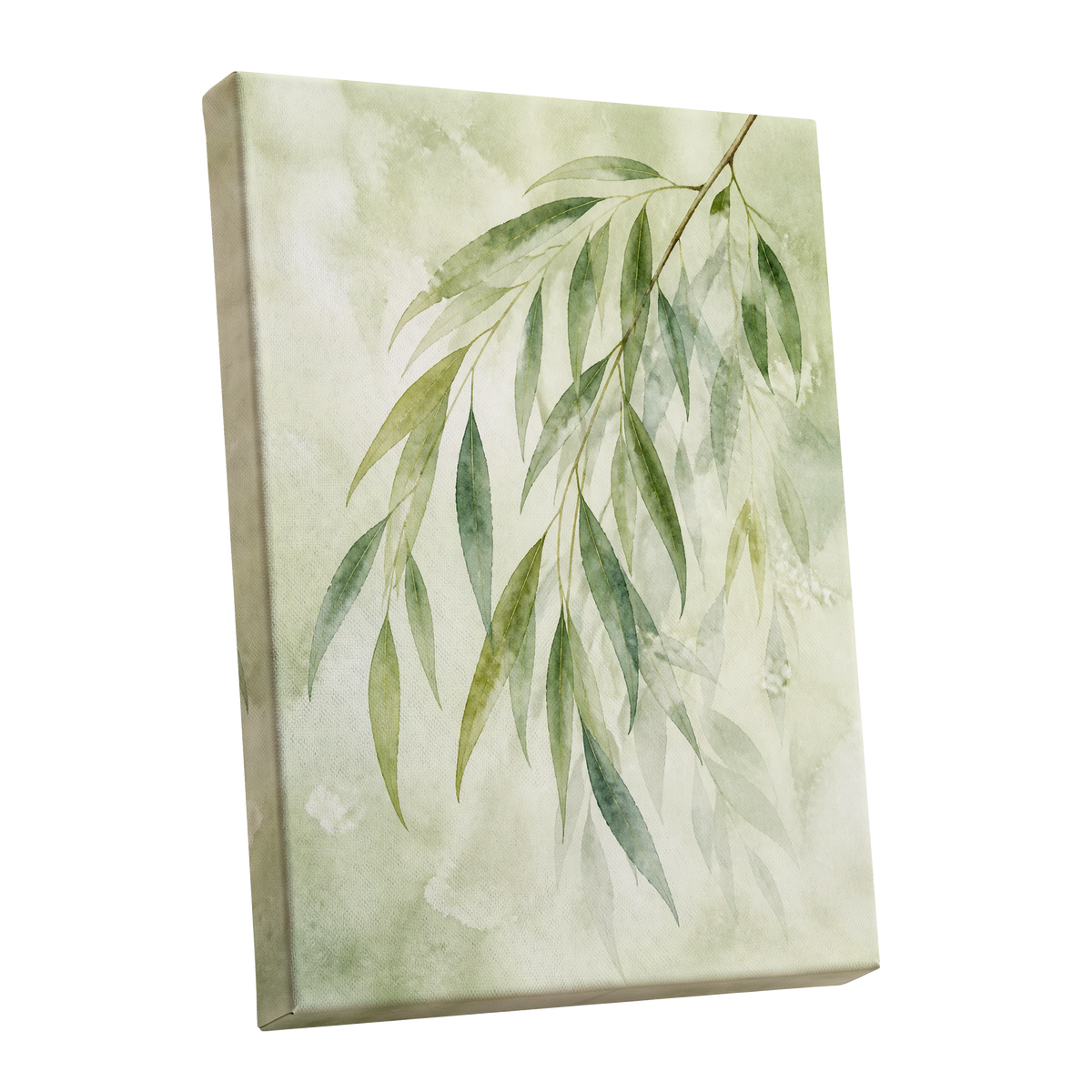 Veil of Leaves, green, beige, white nature wall art shown as a stretched canvas wall art