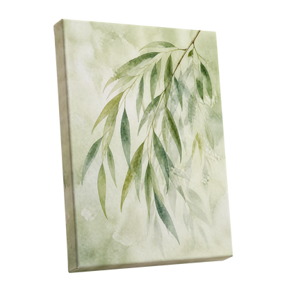 Veil of Leaves, green, beige, white nature wall art shown as a stretched canvas wall art