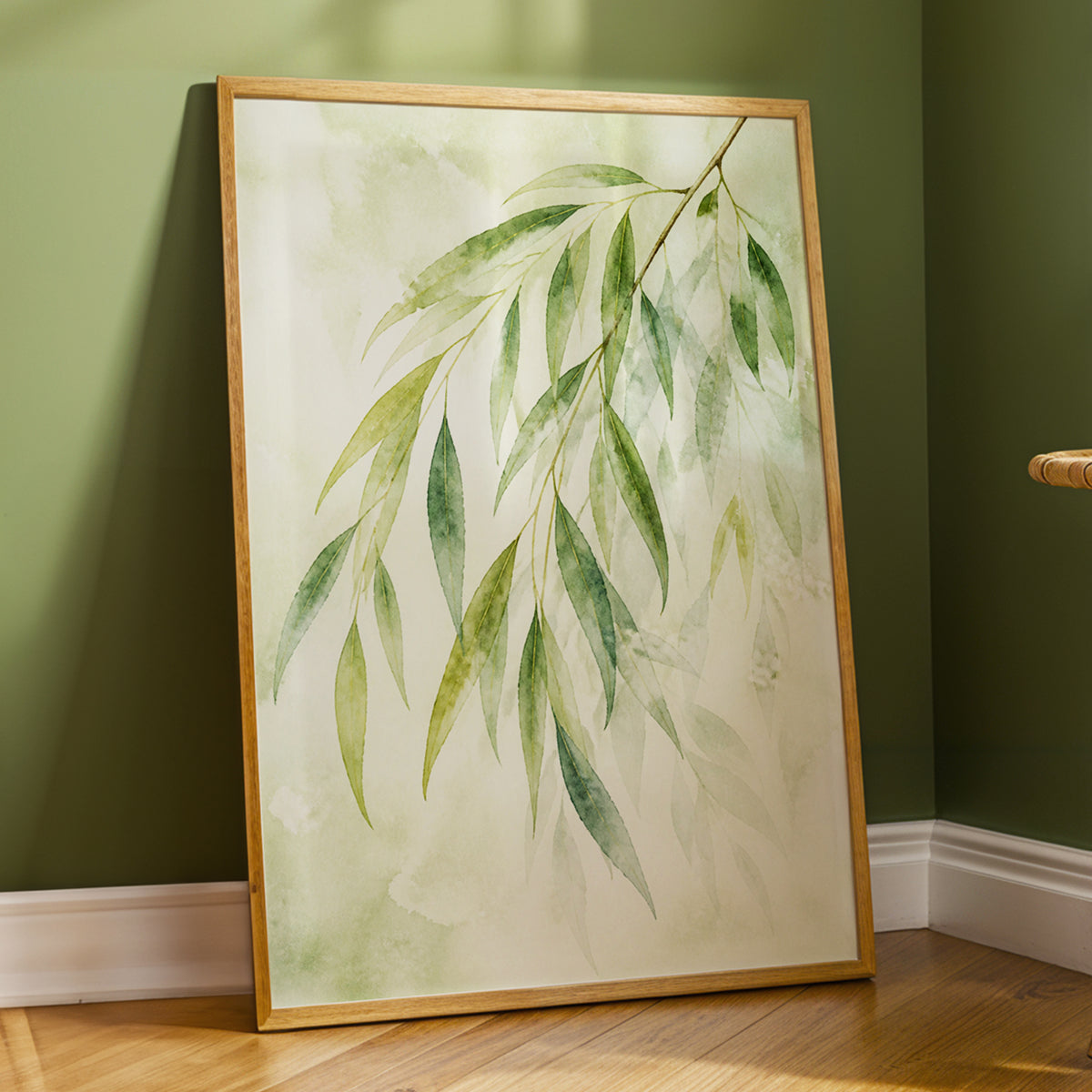 Veil of Leaves, green, beige, white nature wall art displayed in a styled interior, gallery view 2