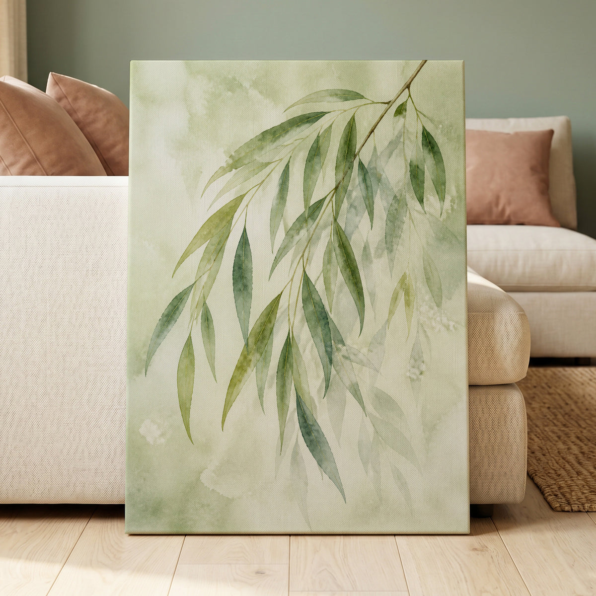 Veil of Leaves, green, beige, white nature wall art displayed in a styled interior, gallery view 3