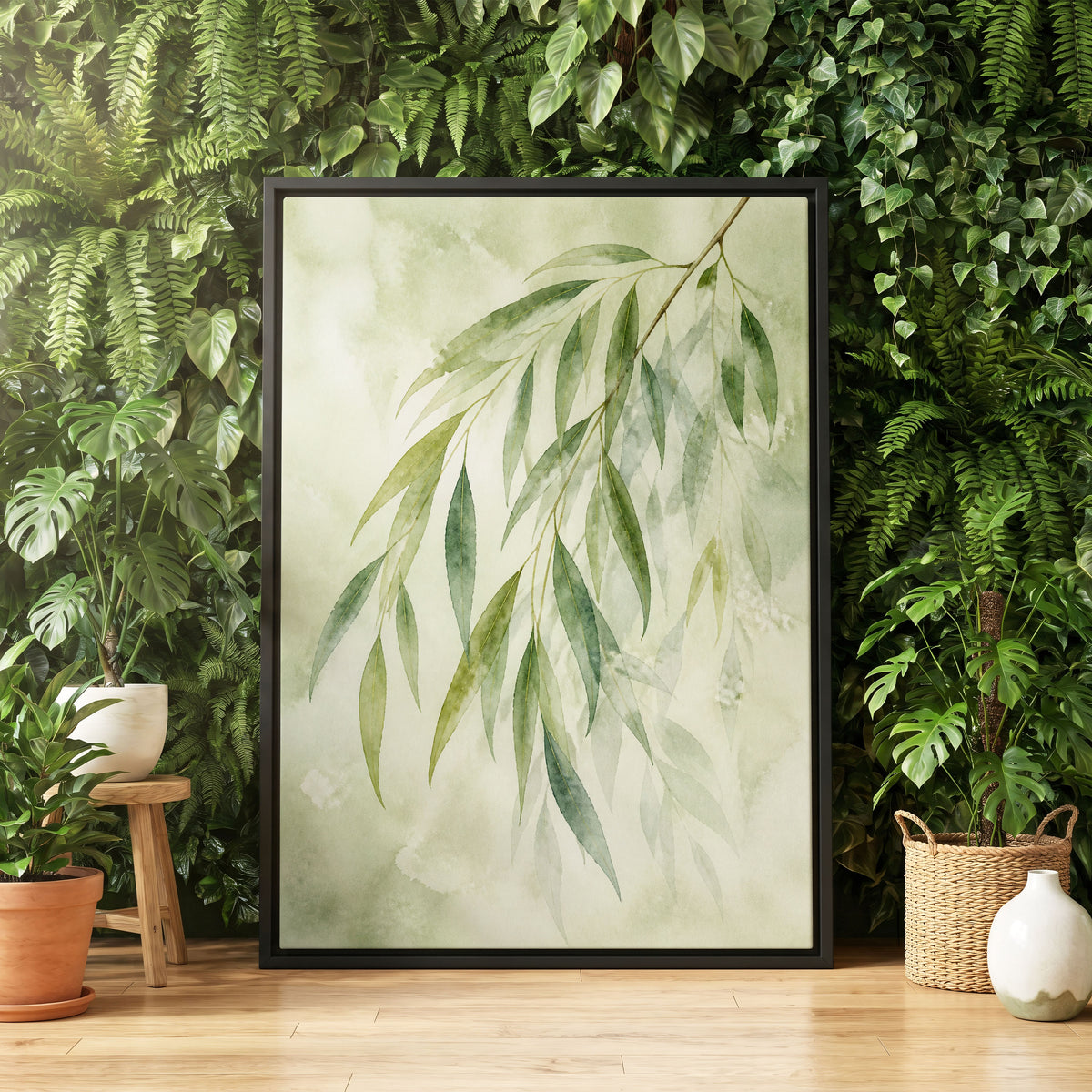 Veil of Leaves, green, beige, white nature wall art displayed in a styled interior, gallery view 4