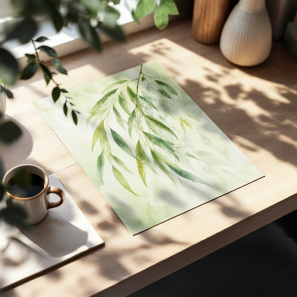 Veil of Leaves, green, beige, white nature wall art displayed in a styled interior, gallery view 5