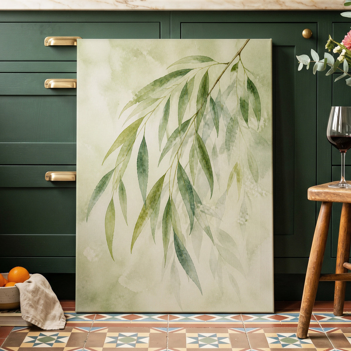 Veil of Leaves, green, beige, white nature wall art displayed in a styled interior, gallery view 7