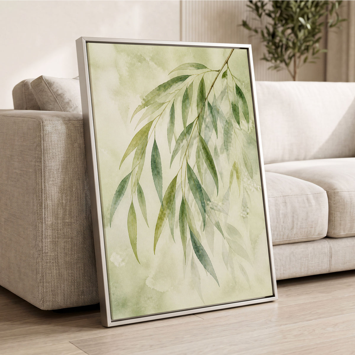 Veil of Leaves, green, beige, white nature wall art displayed in a styled interior, gallery view 8