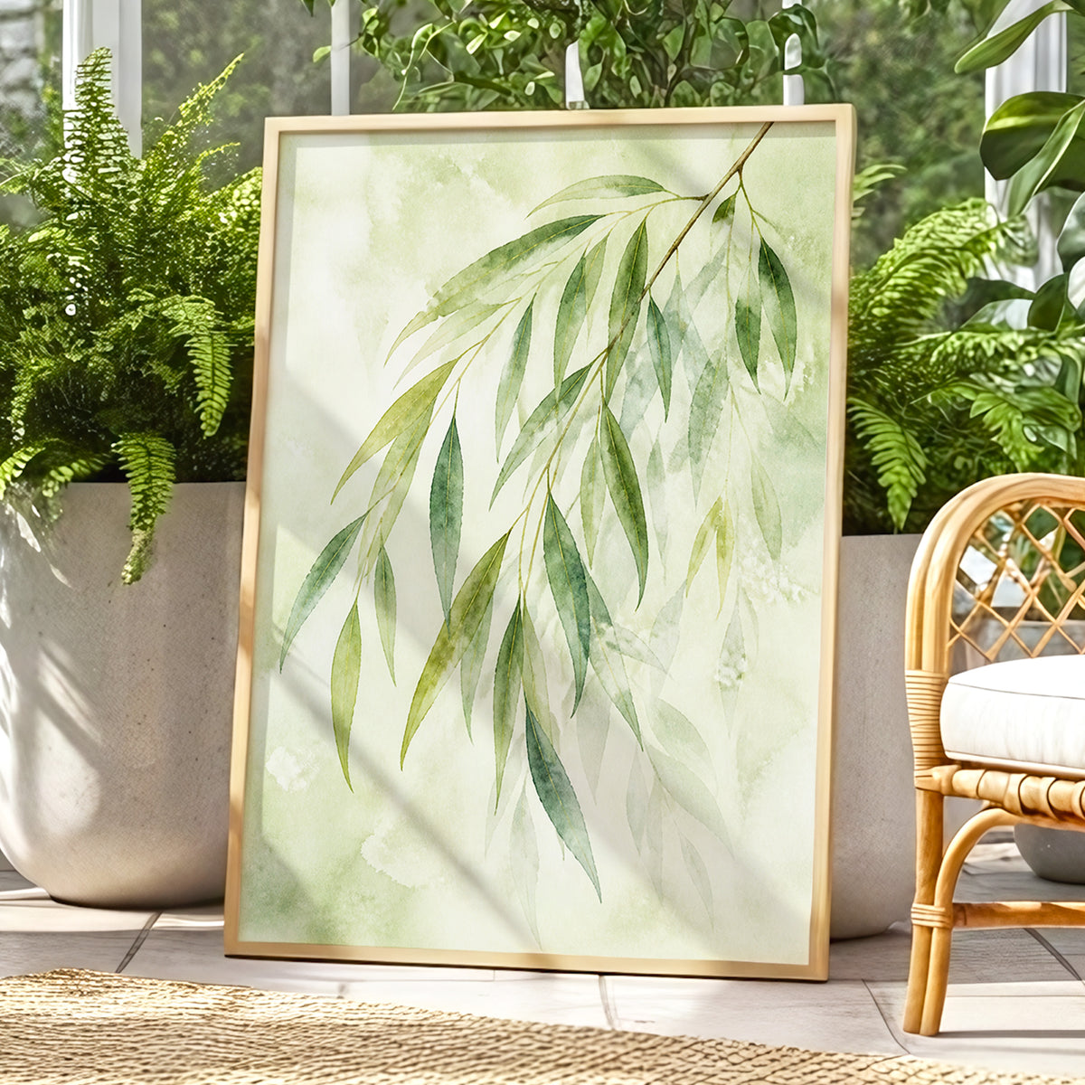 Veil of Leaves, green, beige, white nature wall art displayed in a styled interior, gallery view 9