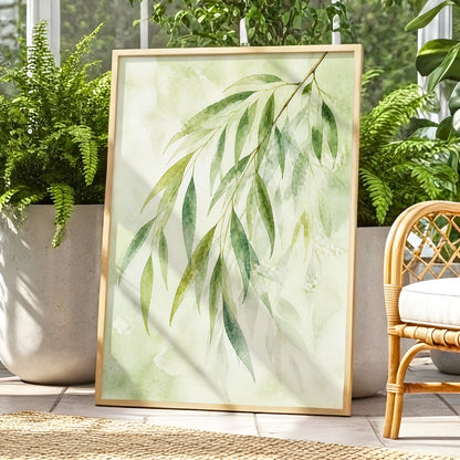 Veil of Leaves, green, beige, white nature wall art displayed in a styled interior, gallery view 9