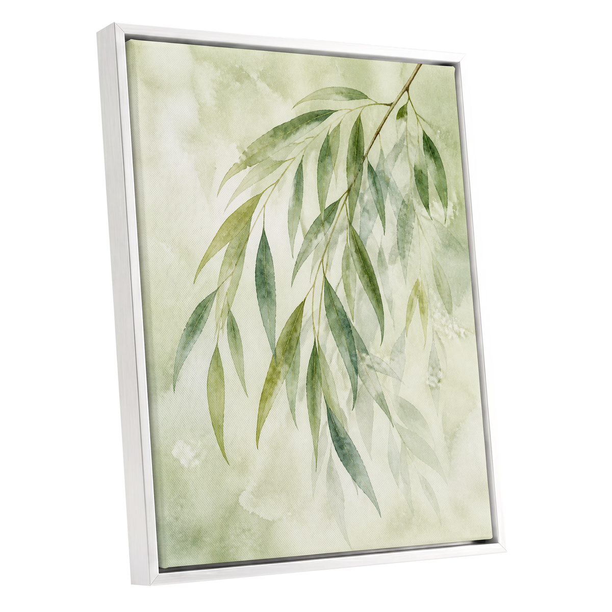 Veil of Leaves, green, beige, white nature wall art shown as a white framed canvas wall art
