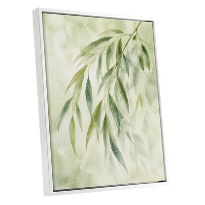 Veil of Leaves, green, beige, white nature wall art shown as a white framed canvas wall art