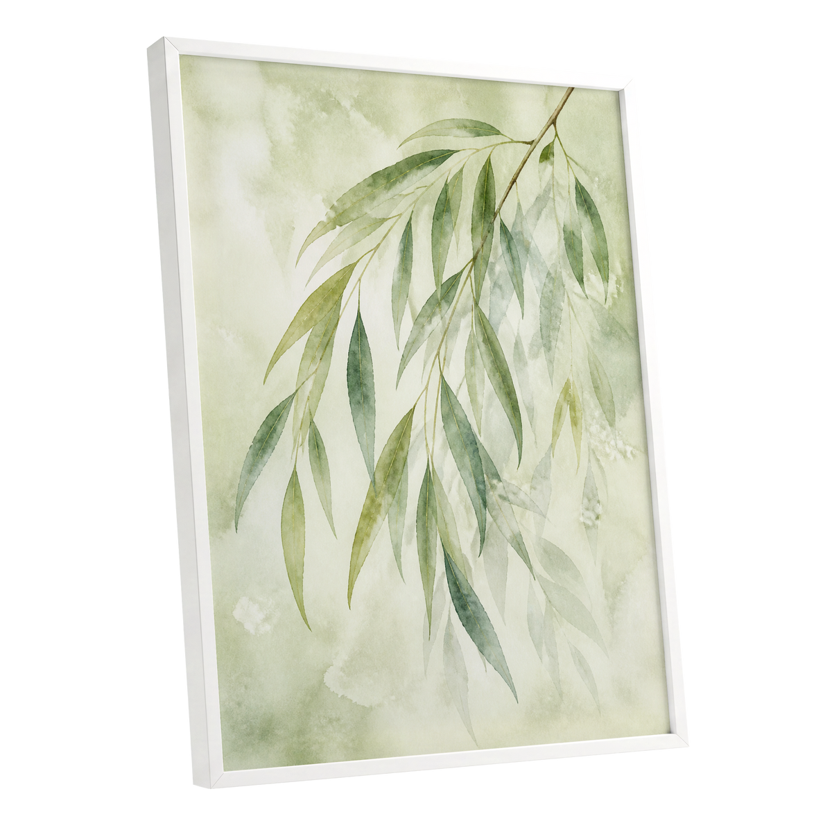 Veil of Leaves, green, beige, white nature wall art shown as a white framed poster wall art print