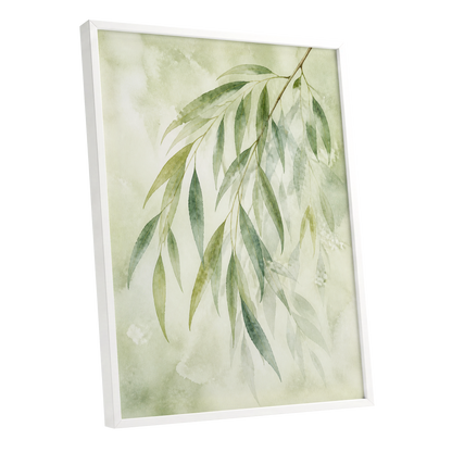 Veil of Leaves, green, beige, white nature wall art shown as a white framed poster wall art print