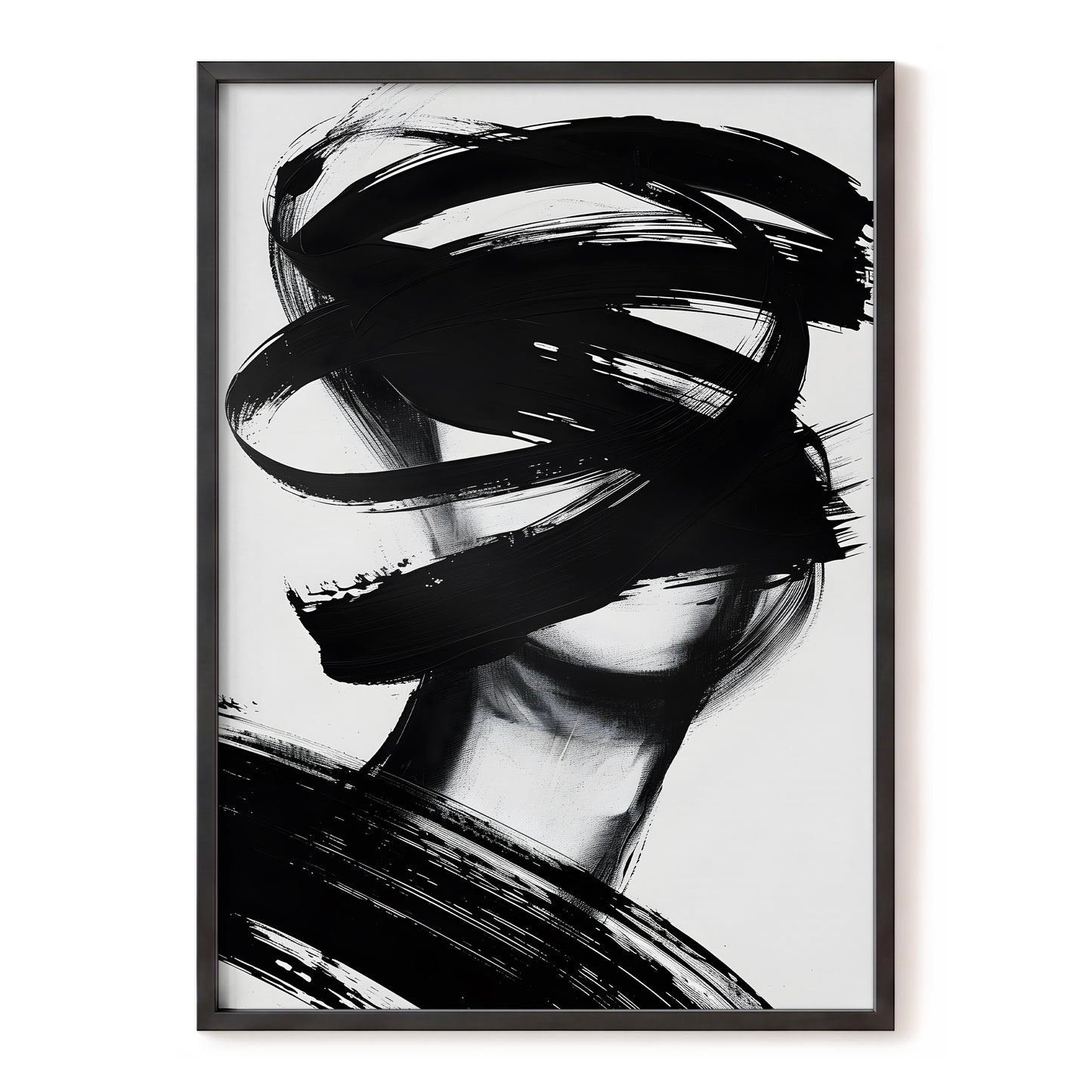 Veiled in Motion, black, white, gray abstract wall art, front artwork view