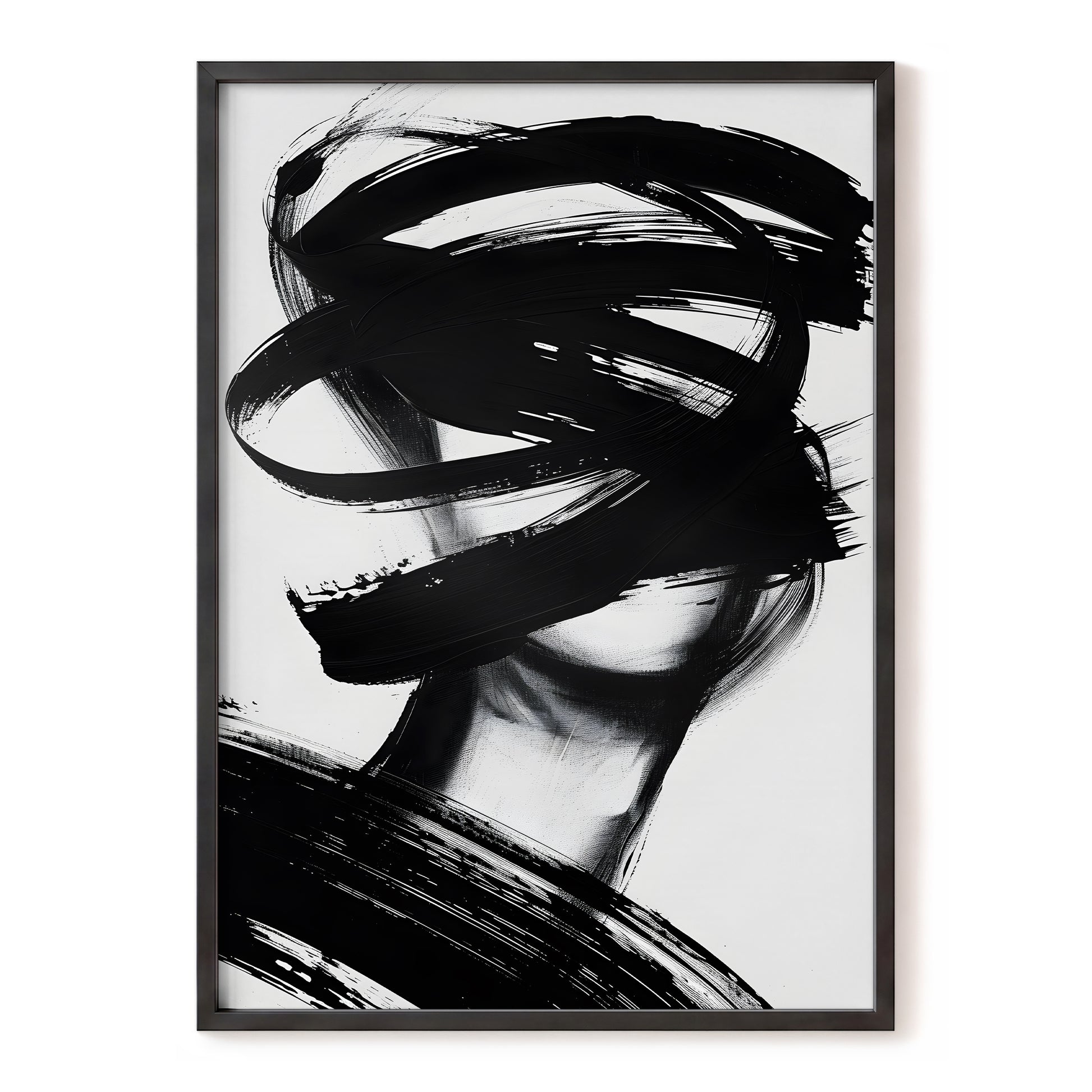 Veiled in Motion, black, white, gray abstract wall art, front artwork view