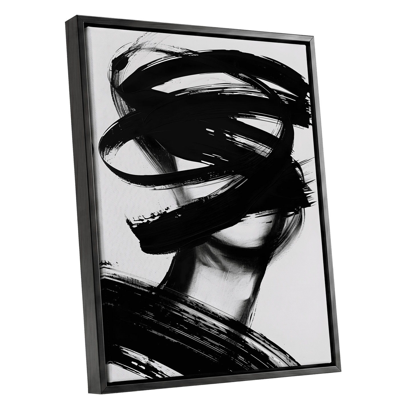 Veiled in Motion, black, white, gray abstract wall art shown as a black framed canvas wall art