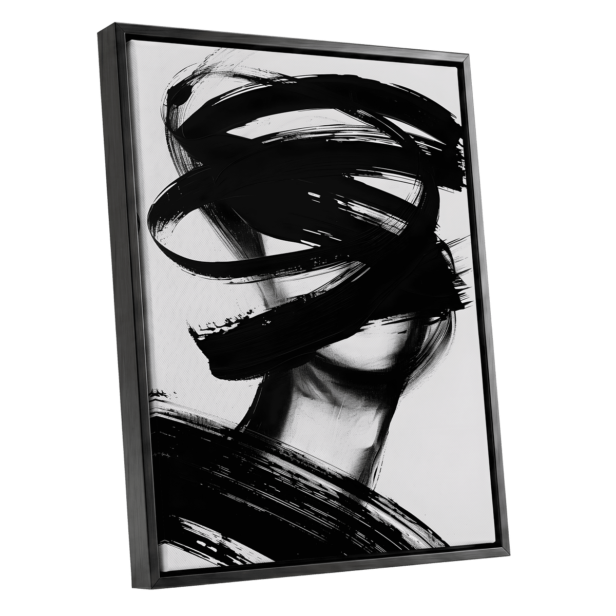 Veiled in Motion, black, white, gray abstract wall art shown as a black framed canvas wall art