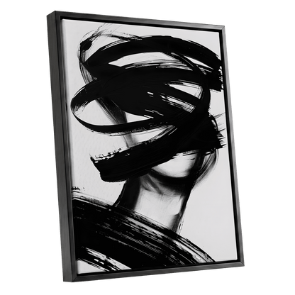 Veiled in Motion, black, white, gray abstract wall art shown as a black framed canvas wall art