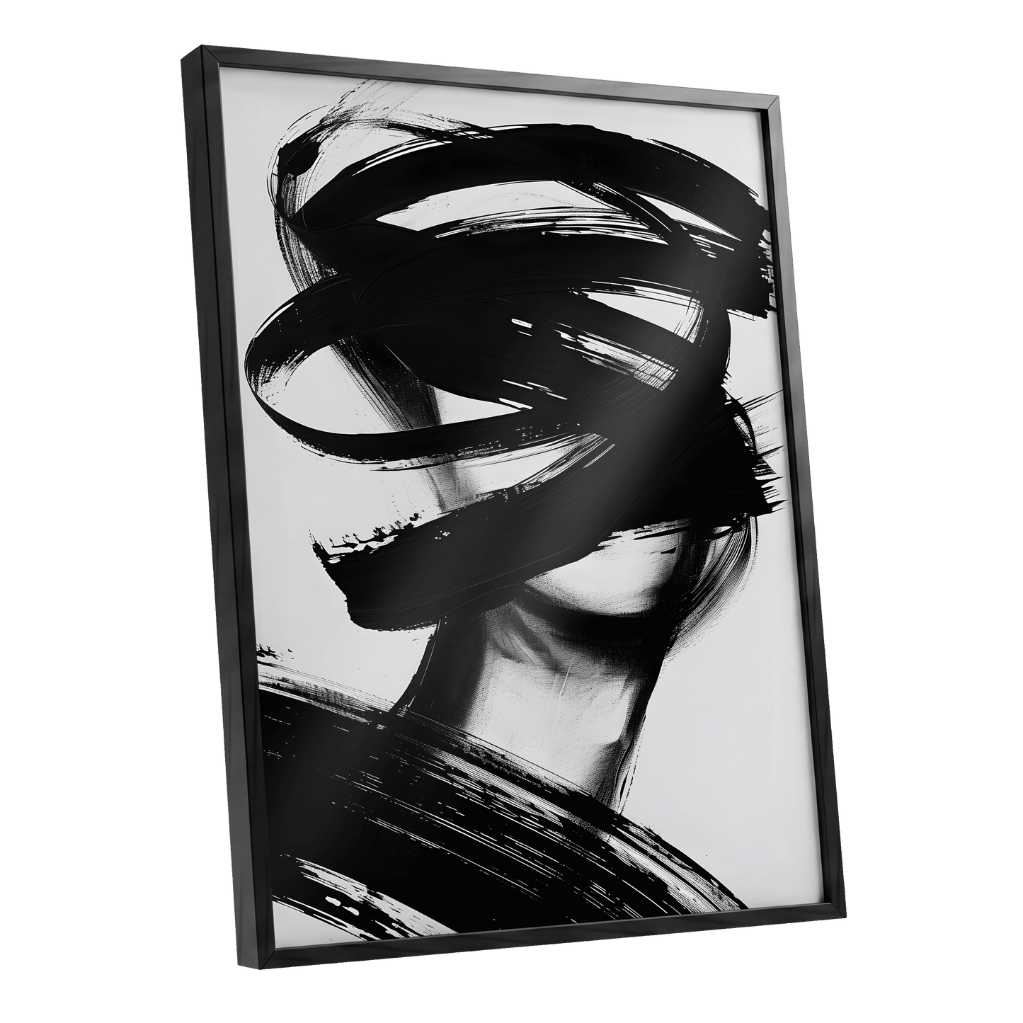 Veiled in Motion, black, white, gray abstract wall art shown as a black framed poster wall art print