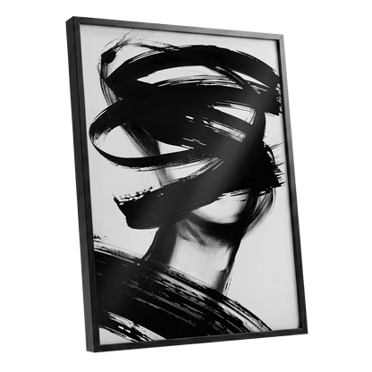 Veiled in Motion, black, white, gray abstract wall art shown as a black framed poster wall art print