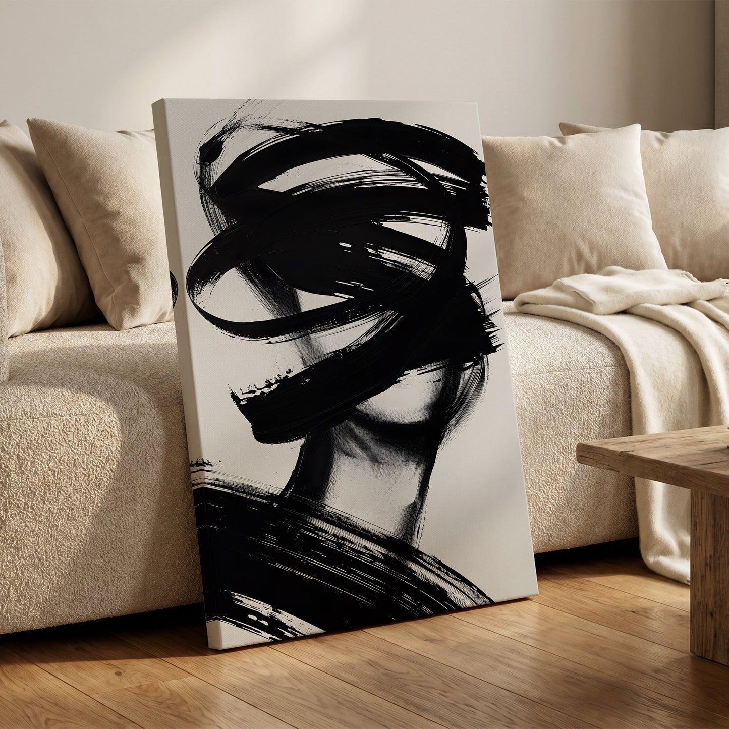 Veiled in Motion, black, white, gray abstract wall art on canvas displayed in a styled interior, gallery view 1