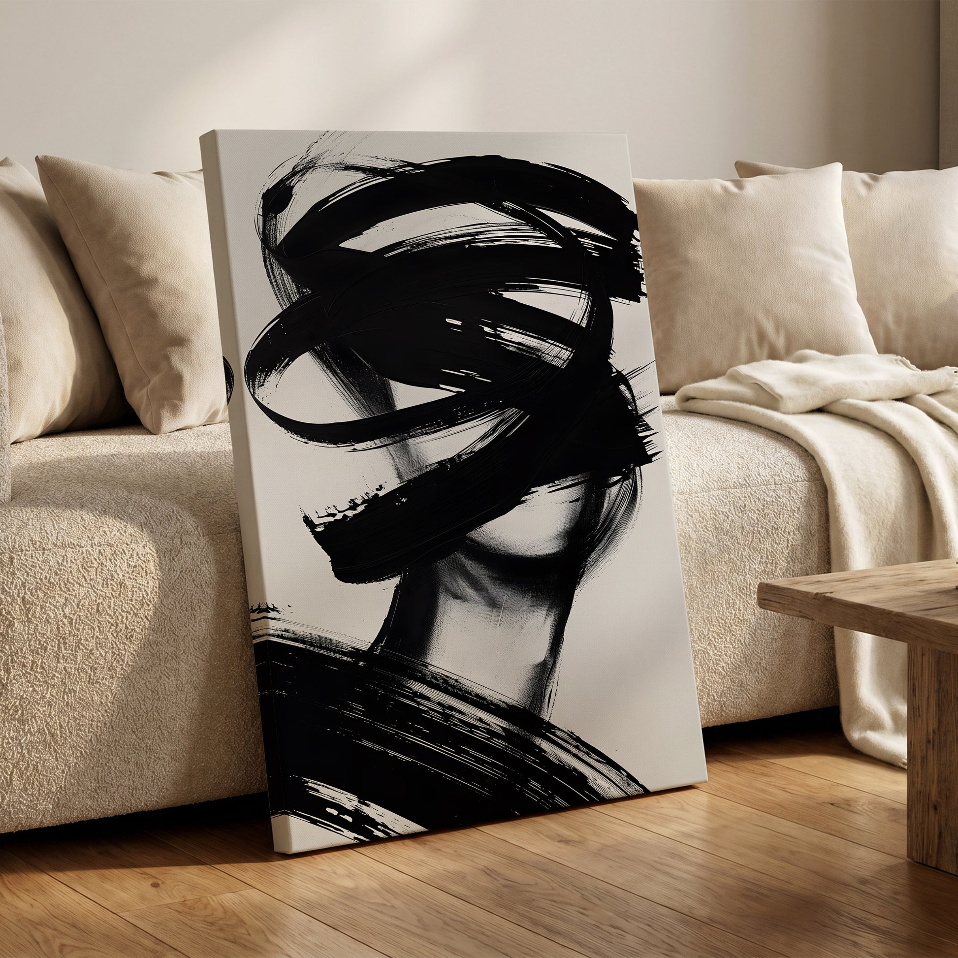 Veiled in Motion, black, white, gray abstract wall art on canvas displayed in a styled interior, gallery view 1