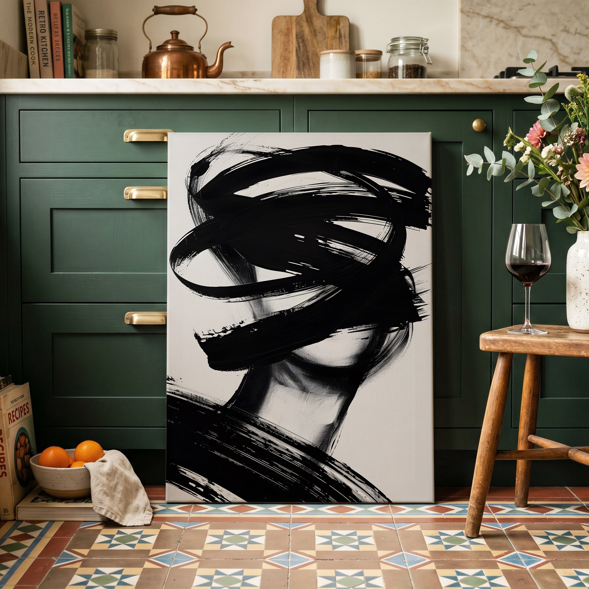 Veiled in Motion, black, white, gray abstract wall art on canvas displayed in a styled interior, gallery view 2