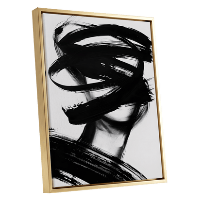 Veiled in Motion, black, white, gray abstract wall art shown as a gold framed canvas wall art