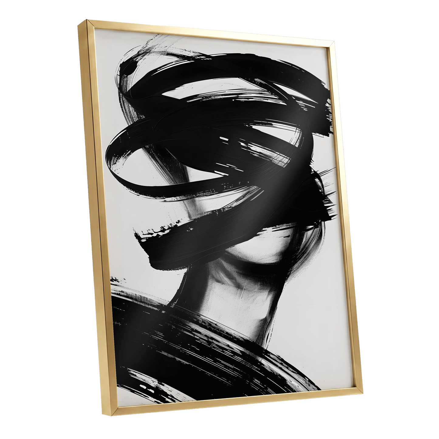 Veiled in Motion, black, white, gray abstract wall art shown as a gold framed poster wall art print