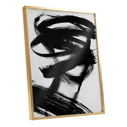 Veiled in Motion, black, white, gray abstract wall art shown as a gold framed poster wall art print
