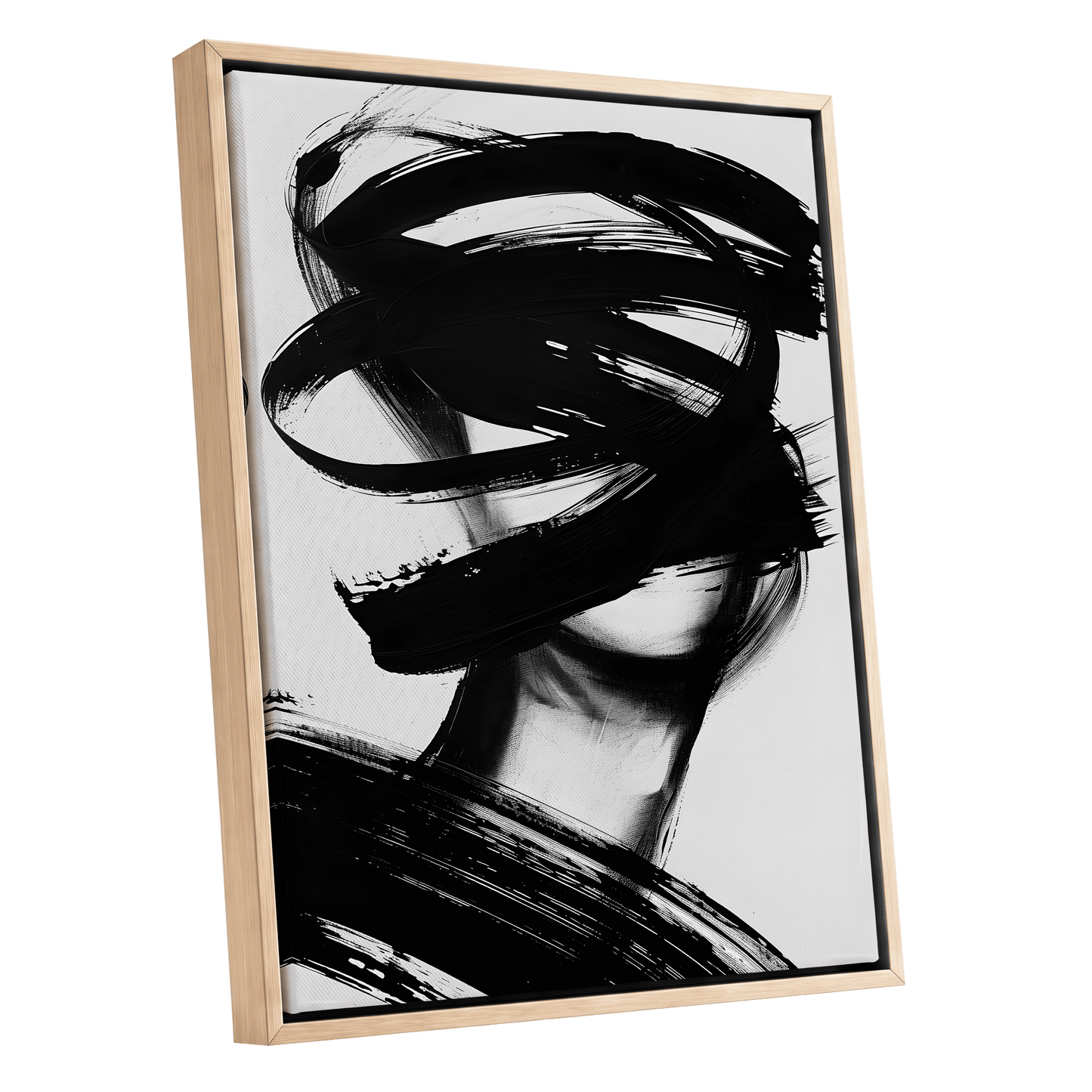 Veiled in Motion, black, white, gray abstract wall art shown as a oak framed canvas wall art