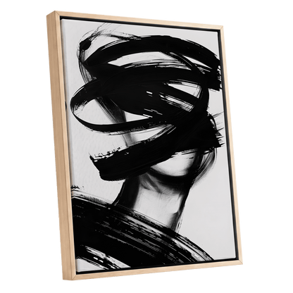 Veiled in Motion, black, white, gray abstract wall art shown as a oak framed canvas wall art